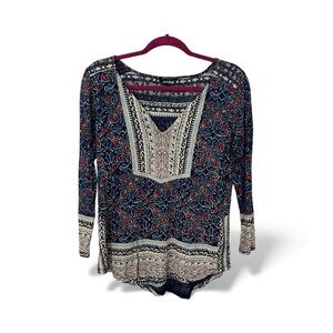 Lucky Brand Navy and Cream Boho Floral Blouse